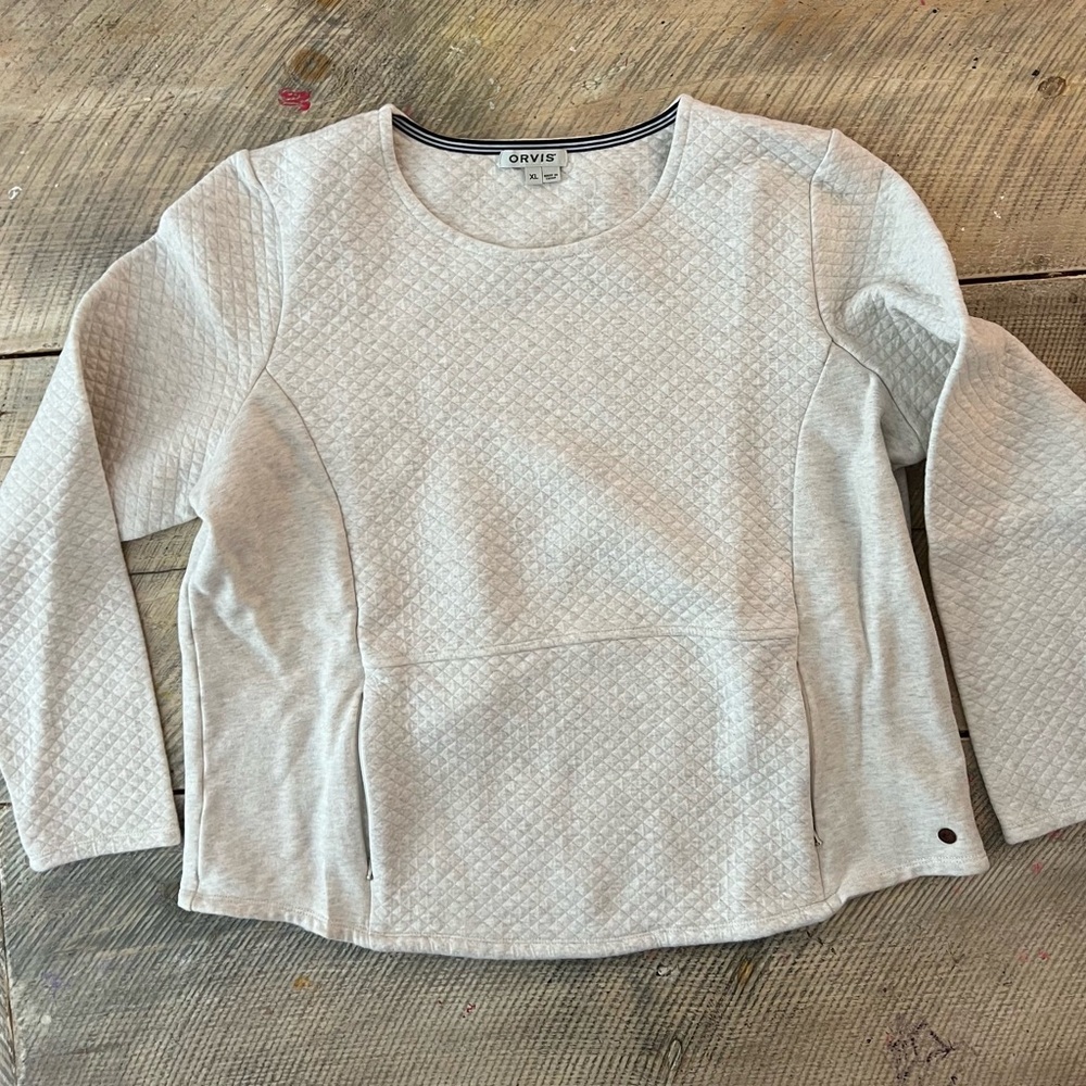 Orvis Quilted Sweatshirt Women XL Oatmeal Heather Excellent Diamond Stitch Zip